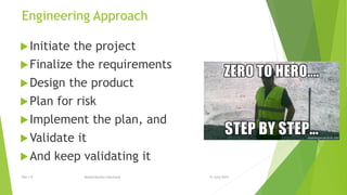 Engineering Approach
Initiate the project
Finalize the requirements
Design the product
Plan for risk
Implement the plan, and
Validate it
And keep validating it
15 June 2015Rev 1.9 Redistribution restricted
 