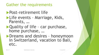 Gather the requirements
Post-retirement life
Life events – Marriage, Kids,
Parents, …
Quality of life – car purchase,
home purchase, …
Dreams and desires – honeymoon
in Switzerland, vacation to Bali,
etc.
15 June 2015Rev 1.9 Redistribution restricted
 