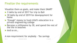 Finalize the requirements
Visualize them as goals, and make them SMART
 3 lakhs by end of 2017 for trip to Bali
 10 lakhs by end of 2019 for downpayment for
home
 ‘Enough’ money to fund child’s education in a
private engineering college
 Become a millionaire by 30, and spend the rest of
the life in beaches
 And so on…
A non-requirement for anybody – Tax savings
15 June 2015Rev 1.9 Redistribution restricted
 