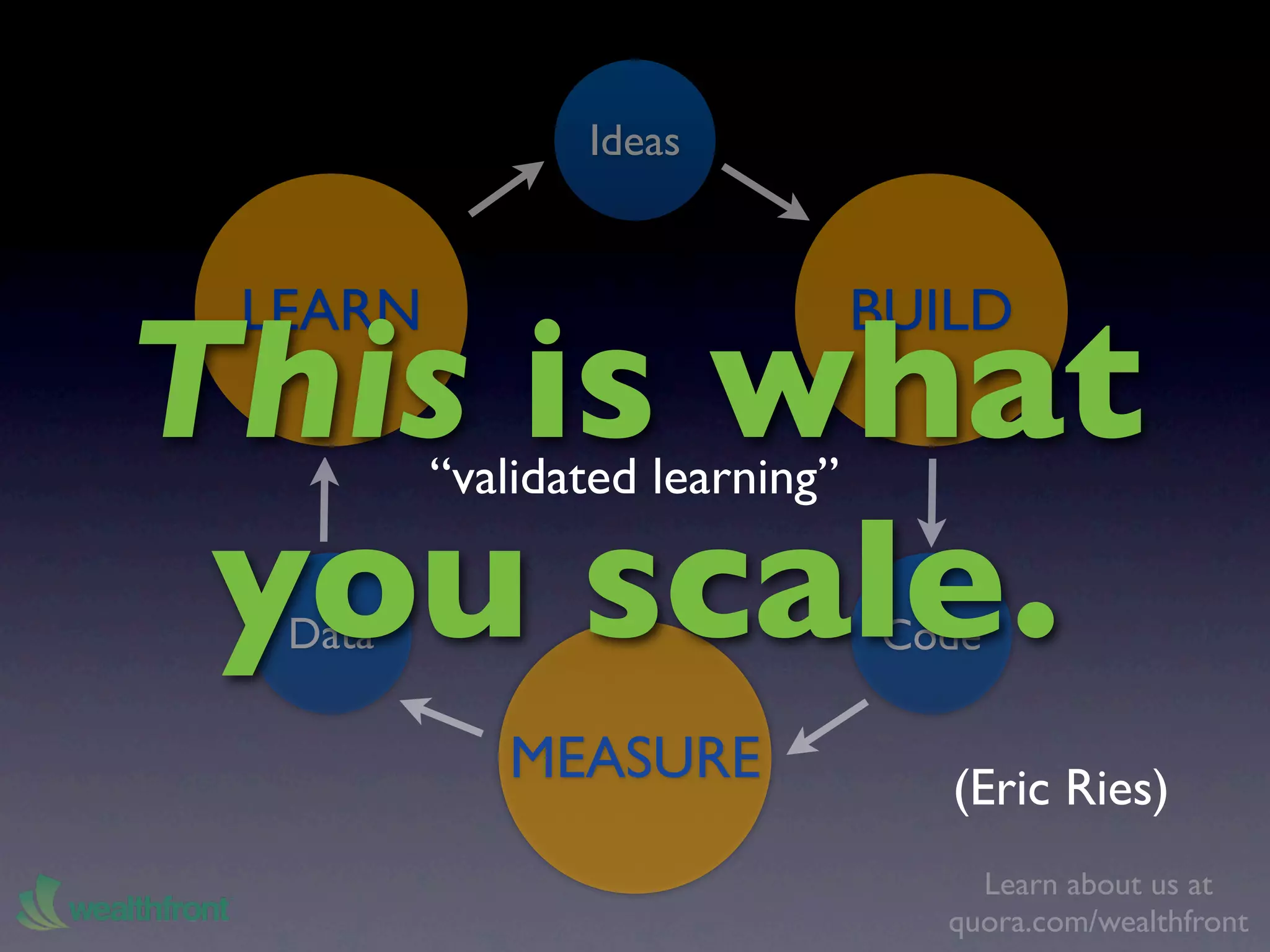 Ideas


 LEARN                          BUILD
This is what
         “validated learning”

 you scale.
  Data                          Code

            MEASURE                (Eric Ries)
                                     Learn about us at
                                   quora.com/wealthfront
 