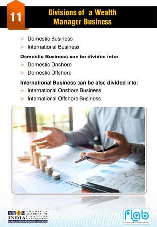 11
Divisions of a Wealth
Manager Business
 Domestic Business
 International Business
Domestic Business can be divided into:
 Domestic Onshore
 Domestic Offshore
International Business can be also divided into:
 International Onshore Business
 International Offshore Business
 