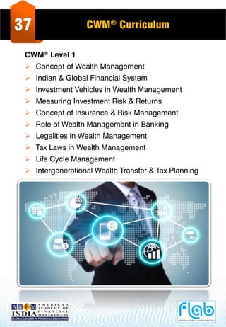 37 CWM® Curriculum
CWM® Level 1
 Concept of Wealth Management
 Indian & Global Financial System
 Investment Vehicles in Wealth Management
 Measuring Investment Risk & Returns
 Concept of Insurance & Risk Management
 Role of Wealth Management in Banking
 Legalities in Wealth Management
 Tax Laws in Wealth Management
 Life Cycle Management
 Intergenerational Wealth Transfer & Tax Planning
 