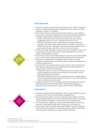 Trend Overview
•	 FinTechs are making inroads along the entire expanse of the wealth management
lifecycle, innovating standard wealth management functions, ranging from client
acquisition, to advice, to compliance.
•	 New FinTech offerings, including automated advice platforms, open-investment
communities, and third-party capability plug-ins are increasingly being embraced
by HNWIs as alternatives to traditional face-to-face advice in some cases:5
–– Globally, HNWI propensity to use automated advisory services increased
substantially to 66.9% in Q1 2016, compared to 48.6% in Q1 2015.
–– HNWIs are increasingly turning to digital networks, swapping insight and
information with peers through open investment communities—nearly half of
HNWIs (47.5%) tap into online peer-to-peer networks at least weekly to find out
about investment ideas, while 25.6% use them monthly or quarterly.
•	 FinTechs have made the greatest inroads in investment management, where 17.4%
of customers say they rely solely on them and an additional 27.4% use them in
addition to their traditional providers.6
•	 The unmet client need for automated-advisory services was a critical area targeted
by a number of FinTech startups that built their businesses around this service.
•	 Startups such as Betterment and Wealthfront allow investors to use their
proprietary automated advisors and let the programs manage and rebalance their
portfolios for better returns.
•	 As these FinTech services gain traction among customers, the incumbents have
taken notice and started looking at possible forays into the technology and are
making efforts to make them market-ready:
–– Collaboration seems to be the most favorable way to ramp up these services
quickly, leveraging the customer base and brand of the incumbent, and the
technological head-start of FinTechs.
–– UBS Wealth Management Americas and SigFig announced a strategic alliance
in 2016 to develop financial technologies for the UBS unit, which would assist its
nearly 7,000 advisors and their clients.7
•	 A majority of executives (76.7%) see opportunities for partnerships with FinTechs,
allowing traditional firms to leverage FinTech expertise without engaging in
expensive in-house development, as noted in the 2017 World FinTech Report.
Implications
•	 Investing in developing FinTech capabilities to attract younger HNWIs has become
an area of focus for most incumbent wealth management firms.
•	 Offering its clients the option to move to an automated-advisory platform with lower
fees would impact their source of income and would mean that they have to grow the
number of clients on the platform in order to make up for the lost fee income.
•	 The cost incurred by developing or acquiring automated-advisory services may
have to be compensated through wealth manager job cuts at these firms.
•	 Hybrid advice models could take center stage as HNWIs may prefer to allocate a
certain portion of their portfolio to an automated-advisory service and still retain
the human advisor relationship for a majority of their investments.
5	
2016 World Wealth Report, Capgemini
6	
2017 World FinTech Report, Capgemini and LinkedIn in collaboration with Efma
7	
“The UBS-SigFig Partnership”, Janet Levaux, ThinkAdvisor, September 26, 2016, accessed October 2016 at http://www.thinkadvisor.com/2016/09/26/the-ubs-sigfig-partnership
12 Top Ten Trends in Wealth Management 2017
 