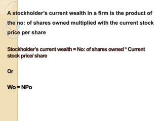 A stockholder’s current wealth in a firm is the product of 
the no: of shares owned multiplied with the current stock 
price per share 
Stockholder’s current wealth = No: of shares owned * Current 
stock price/ share 
Or 
Wo= NPo 
 