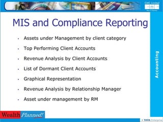 MIS and Compliance Reporting
    Assets under Management by client category

    Top Performing Client Accounts




                                                  Accounting
    Revenue Analysis by Client Accounts

    List of Dormant Client Accounts

    Graphical Representation

    Revenue Analysis by Relationship Manager

    Asset under management by RM
 