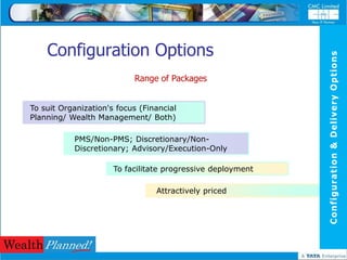 Configuration Options




                                                             Configuration & Delivery Options
                           Range of Packages


To suit Organization's focus (Financial
Planning/ Wealth Management/ Both)

           PMS/Non-PMS; Discretionary/Non-
           Discretionary; Advisory/Execution-Only

                      To facilitate progressive deployment

                                 Attractively priced
 