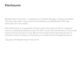 Disclosures 
Wealthsimple Financial Inc. is registered as a Portfolio Manager in Ontario and British 
Columbia. Securities in your account are protected up to $1,000,000 CDN. See 
www.cipf.ca for more details. 
! 
Past performance is no guarantee of future results. Any historical returns, expected 
returns, or probability projections may not reflect actual future performance. All securities 
involve risk and may result in loss. We do not provide financial planning services to 
individual investors. Read our Full Disclosure at wealthsimple.com/legal/.disclosure. 
! 
Copyright 2014 Wealthsimple Financial Inc. 

