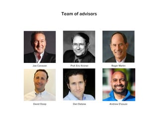 Team of advisors
Joe Canavan Prof. Eric Kirzner Roger Martin
David Ossip Dan Debow Andrew D’souza
 