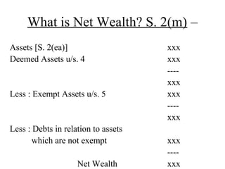What is Net Wealth? S. 2(m) –
Assets [S. 2(ea)] xxx
Deemed Assets u/s. 4 xxx
----
xxx
Less : Exempt Assets u/s. 5 xxx
----
xxx
Less : Debts in relation to assets
which are not exempt xxx
----
Net Wealth xxx
 