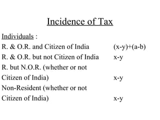 Incidence of Tax
Individuals :
R. & O.R. and Citizen of India (x-y)+(a-b)
R. & O.R. but not Citizen of India x-y
R. but N.O.R. (whether or not
Citizen of India) x-y
Non-Resident (whether or not
Citizen of India) x-y
 