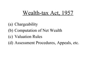 Wealth-tax Act, 1957
(a) Chargeability
(b) Computation of Net Wealth
(c) Valuation Rules
(d) Assessment Procedures, Appeals, etc.
 