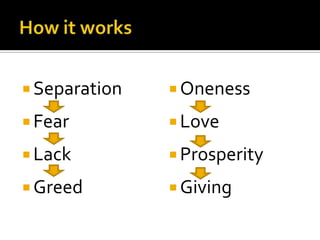 How it worksSeparation 	FearLackGreed		OnenessLoveProsperityGiving