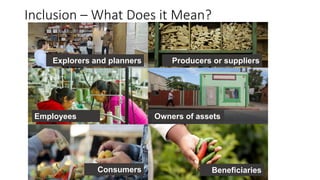 Inclusion – What Does it Mean?
9/23/2020
Explorers and planners Producers or suppliers
Employees Owners of assets
Consumers Beneficiaries
 