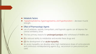  Metabolic factors
 hypophosphatemia, hypomagnesemia, and hypothyroidism – decrease muscle
strength.
 Effect of Pharmacologic Agents
 use of sedatives, opioids, tranquilizers, and hypnotic agents can all depress the
central ventilatory drive.
 The two primary reasons for prolonged paralysis after withdrawal of NMBAs are:
 (1) a reduced ability to metabolize and excrete these drugs and
 (2) the development of an acute myopathy.
 An acute myopathy can develop when high maintenance doses of corticosteroids
and continuous nondepolarizing agents (e.g., vecuronium or pancuronium) are
used.
 