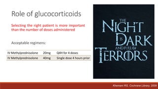 Selecting the right patient is more important
than the number of doses administered
Acceptable regimens:
Role of glucocorticoids
Khemani RG. Cochrane Library. 2009
IV Methylprednisolone 20mg Q4H for 4 doses
IV Methylprednisolone 40mg Single dose 4 hours prior
 