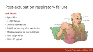 Post-extubation respiratory failure
Risk factors
• Age > 65 yr
• > 1 SBT failure
• Chronic heart failure
• PaCO2 > 45 mmHg after extubation
• Medical/surgical co-morbid illness
• Poor cough reflex
• BMI > 35 kg/m2
Fernando Frutos-Vivar,et al Chest 2006
 