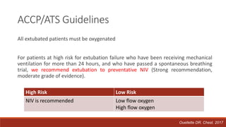 All extubated patients must be oxygenated
For patients at high risk for extubation failure who have been receiving mechanical
ventilation for more than 24 hours, and who have passed a spontaneous breathing
trial, we recommend extubation to preventative NIV (Strong recommendation,
moderate grade of evidence).
ACCP/ATS Guidelines
High Risk Low Risk
NIV is recommended Low flow oxygen
High flow oxygen
Ouellette DR. Chest. 2017
 