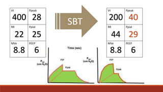 Vt Ppeak
RR Pplat
MVe PEEP
400 28
2522
8.8 6
SBT
Vt Ppeak
RR Pplat
MVe PEEP
200 40
2944
8.8 6
 