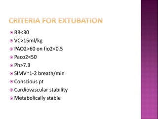  RR<30
 VC>15ml/kg
 PAO2>60 on fio2<0.5
 Paco2<50
 Ph>7.3
 SIMV~1-2 breath/min
 Conscious pt
 Cardiovascular stability
 Metabolically stable
 