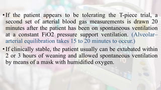 •If the patient appears to be tolerating the T-piece trial, a
second set of arterial blood gas measurements is drawn 20
minutes after the patient has been on spontaneous ventilation
at a constant FiO2 pressure support ventilation. (Alveolar–
arterial equilibration takes 15 to 20 minutes to occur.)
•If clinically stable, the patient usually can be extubated within
2 or 3 hours of weaning and allowed spontaneous ventilation
by means of a mask with humidiﬁed oxygen.
 