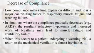 Decrease of Compliance
•Low compliance makes lung expansion difficult and, it is a
major contributing factor to respiratory muscle fatigue and
weaning failure.
•In situations where the compliance gradually decreases (e.g.,
ARDS), the resultant refractory hypoxemia and increased
work of breathing may lead to muscle fatigue and
ventilatory failure.
•When this occurs to a patient undergoing a weaning trial, a
return to the mechanical ventilator is almost inevitable.
 