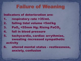 Indicators of deterioration are:
1.   respiratory rate >35/mt.
2.   falling tidal volume <5ml/kg
3.   PaO2 <55mm Hg; Rising PaCO2
4.   fall in blood pressure
5.   tachycardia, cardiac arrythmias,
     sweating -increased sympathetic
  activity
6.   altered mental status - restlessness,
     anxiety, confusion
 