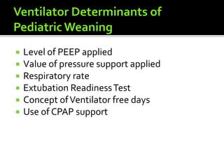  Level of PEEP applied
 Value of pressure support applied
 Respiratory rate
 Extubation ReadinessTest
 Concept ofVentilator free days
 Use of CPAP support
 