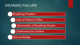WEANING FAILURE
Breathing Problem
Lack of Patient’s Effort
Abnormality of Breathing Muscle
Cardiovascular problem
Gas exch...
