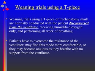 Weaning trials using a T-piece
• Weaning trials using a T-piece or tracheostomy mask
are normally conducted with the patient disconnected
from the ventilator, receiving humidified oxygen
only, and performing all work of breathing.
• Patients have to overcome the resistance of the
ventilator, may find this mode more comfortable, or
they may become anxious as they breathe with no
support from the ventilator.
 