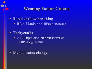 Weaning Failure Criteria
• Rapid shallow breathing
• RR > 35/min or > 10/min increase
• Tachycardia
• > 120 bpm or > 20 bpm increase
• BP change > 20%
• Mental status change
 