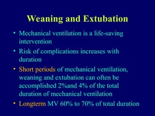 Weaning and Extubation
• Mechanical ventilation is a life-saving
intervention
• Risk of complications increases with
duration
• Short periods of mechanical ventilation,
weaning and extubation can often be
accomplished 2%and 4% of the total
duration of mechanical ventilation
• Longterm MV 60% to 70% of total duration
 