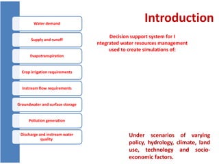 IntroductionWater demand
Supply and runoff
Evapotranspiration
Crop irrigation requirements
Instream flow requirements
Groundwater and surface storage
Pollution generation
Discharge and instream water
quality
Under scenarios of varying
policy, hydrology, climate, land
use, technology and socio-
economic factors.
Decision support system for I
ntegrated water resources management
used to create simulations of:
 