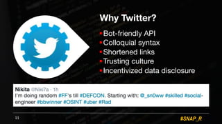 #SNAP_R
Why Twitter?
11
!Bot-friendly API
!Colloquial syntax
!Shortened links
!Trusting culture
!Incentivized data disclosure
 