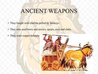 ANCIENT WEAPONS
• They fought with chariots pulled by donkeys.
• They also used bows and arrows, spears, axes and clubs.
• They wore copper helmets and carried rectangular shields.
 
