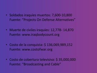 Soldados iraquíes muertos: 7,600-10,800 Fuente: “Projects On Defense Alternatives” Muerte de civiles iraquíes: 12,778- 14,870 Fuente: www.iraqbodycount.org Costo de la conquista: $ 136,069,989,152 Fuente: www.costofwar.org Costo de cobertura televisiva: $ 35,000,000 Fuente: “Broadcasting and Cable” 