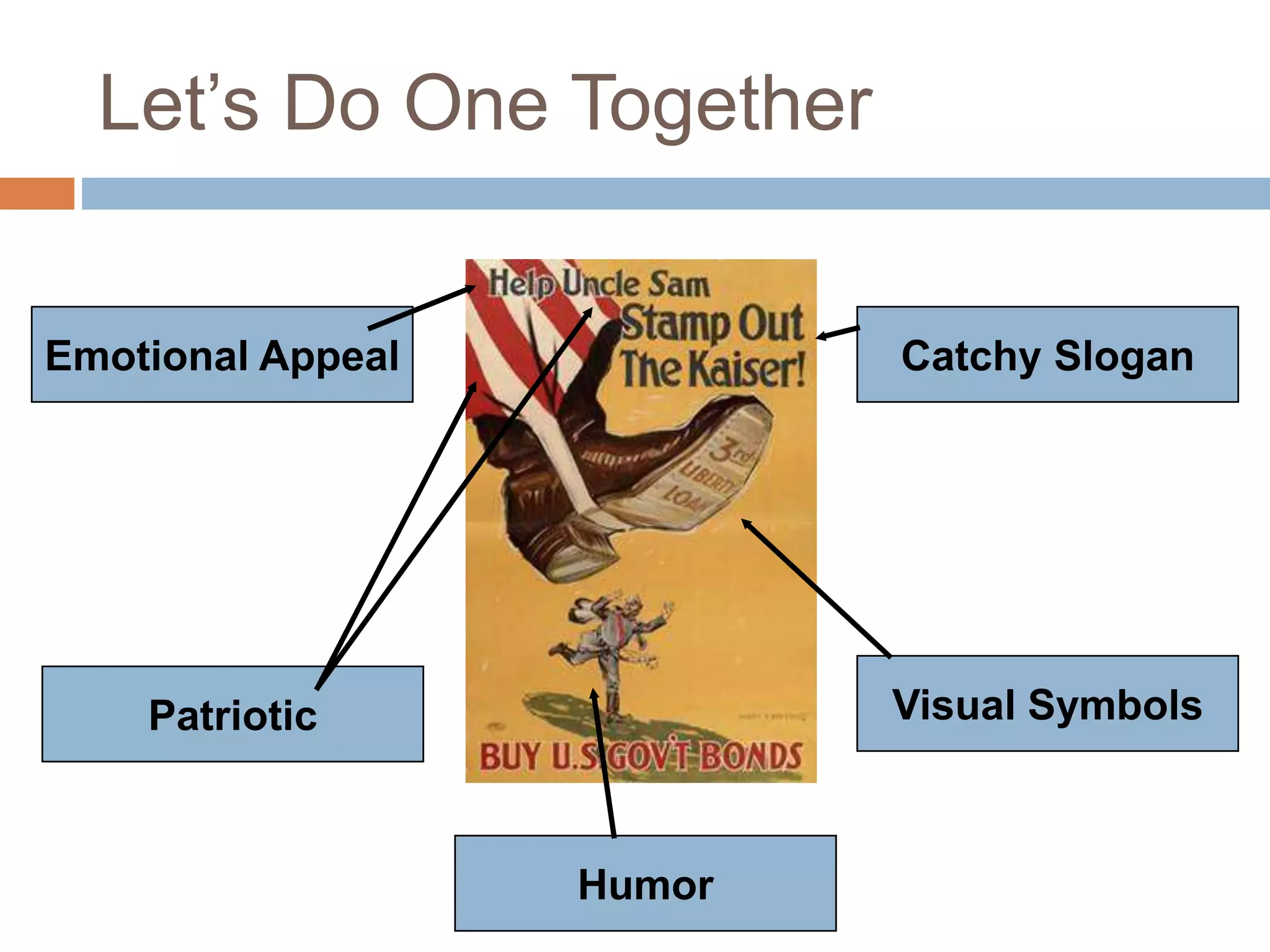 Let’s Do One Together
Emotional Appeal
Visual Symbols
Catchy Slogan
Patriotic
Humor
 