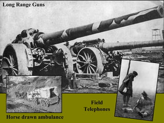 Horse drawn ambulance
Field
Telephones
Long Range Guns
 