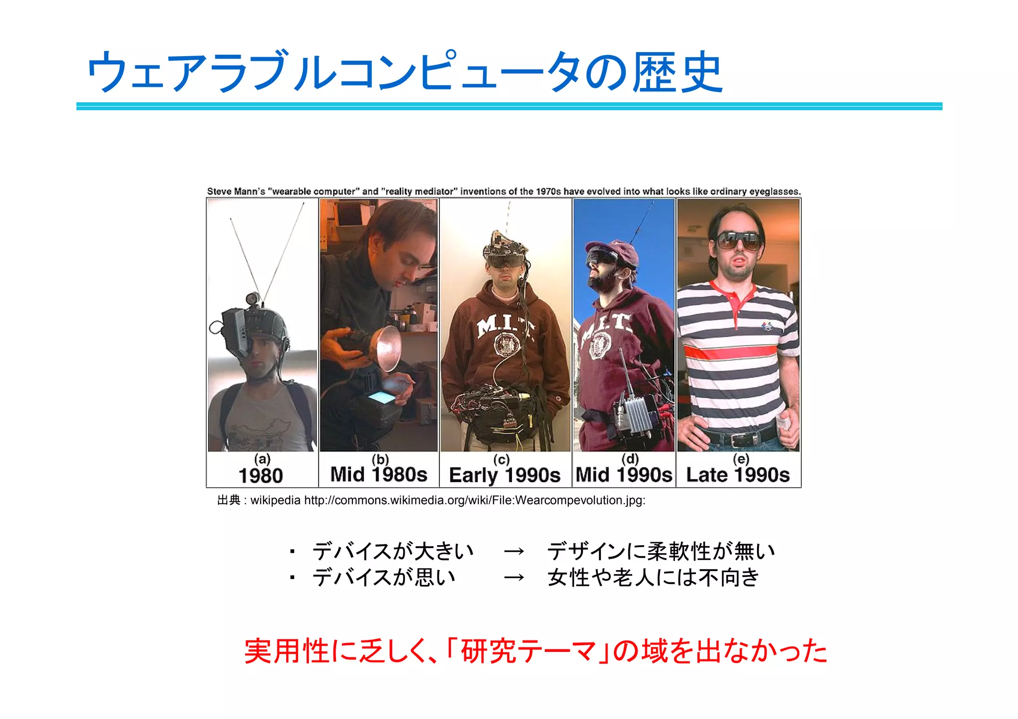 ウェアラブルコンピュータの歴史

出典 : wikipedia http://commons.wikimedia.org/wiki/File:Wearcompevolution.jpg:

・　デバイスが大きい
・　デバイスが思い

→ デザインに柔軟性が無い
→ 女性や老人には不向き

実用性に乏しく、「研究テーマ」の域を出なかった

 