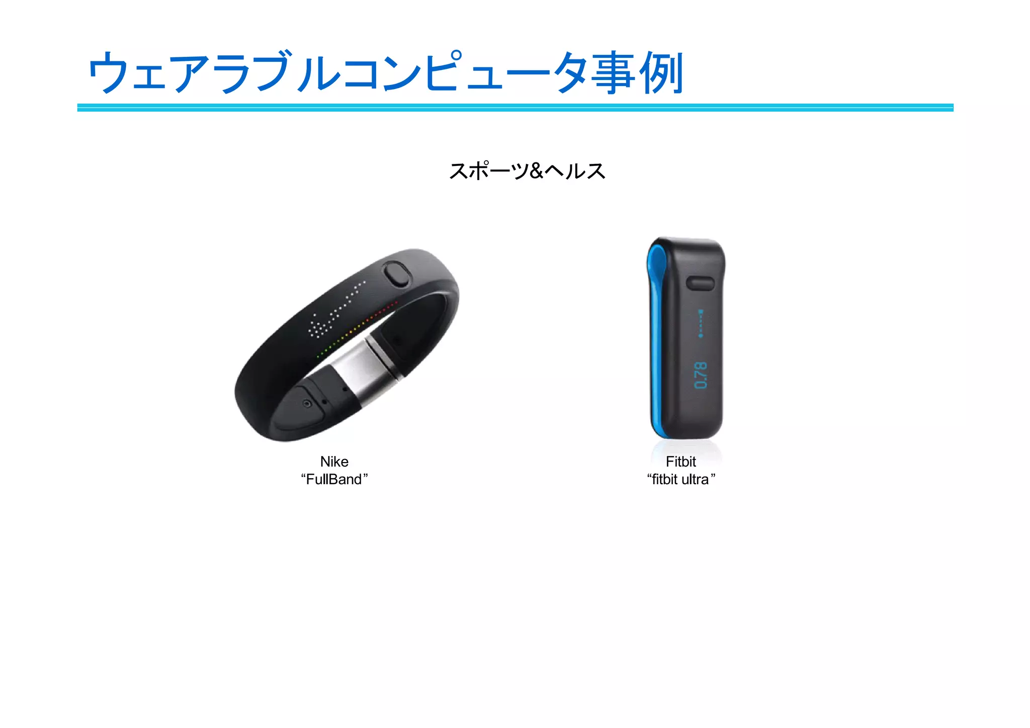 ウェアラブルコンピュータ事例
スポーツ&ヘルス

Nike
“FullBand”

Fitbit
“fitbit ultra ”

 