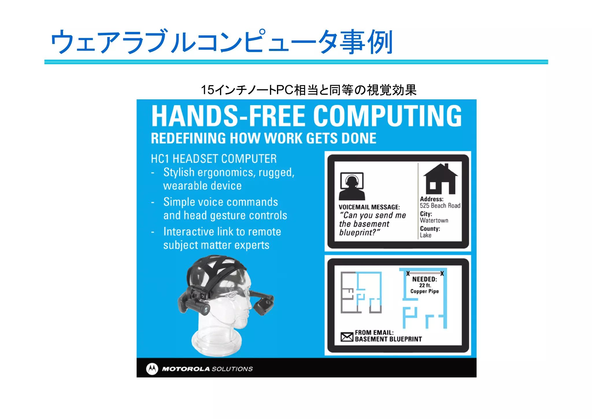 ウェアラブルコンピュータ事例
15インチノートPC相当と同等の視覚効果

 