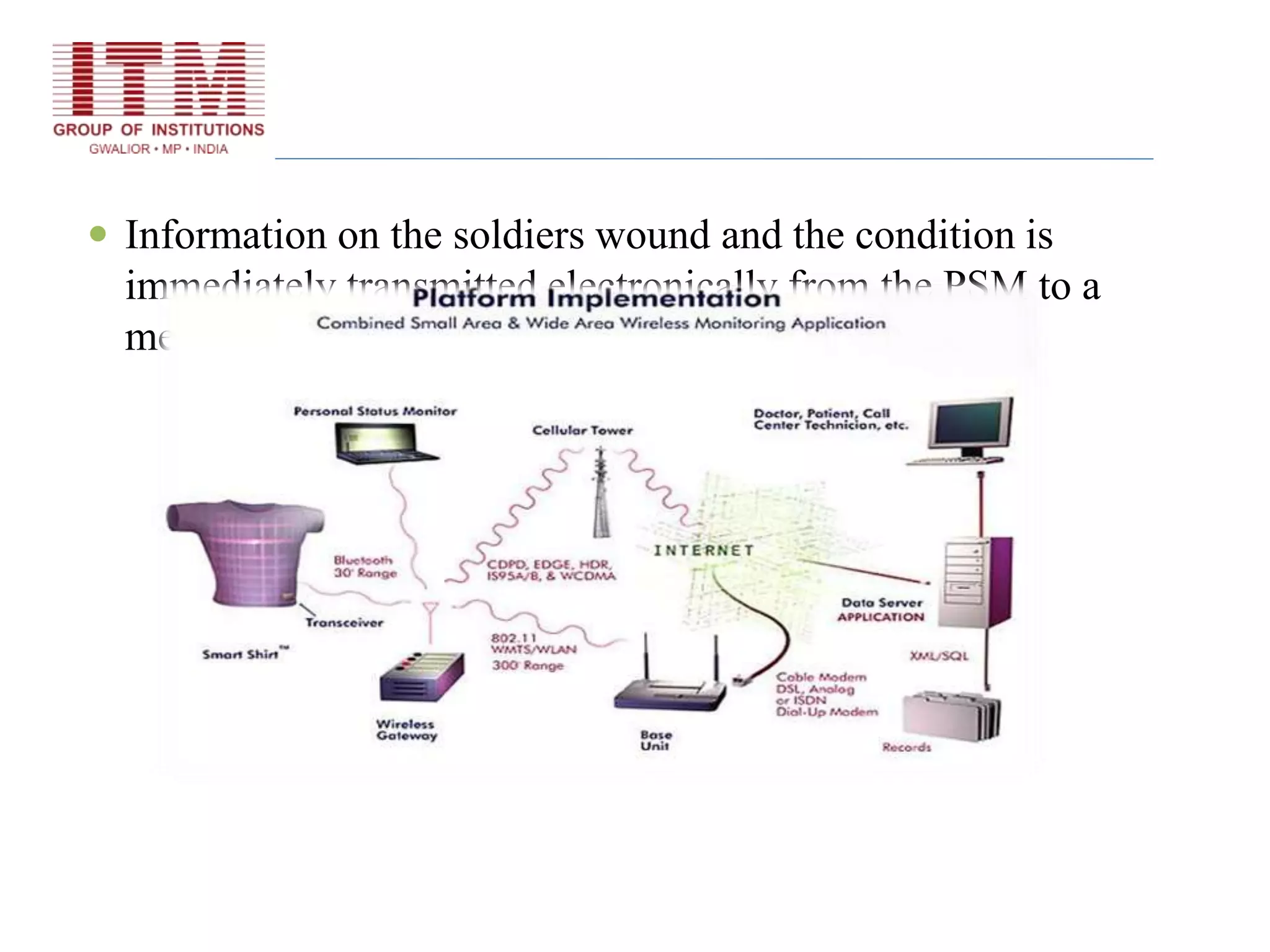  Information on the soldiers wound and the condition is
immediately transmitted electronically from the PSM to a
medical unit.
 