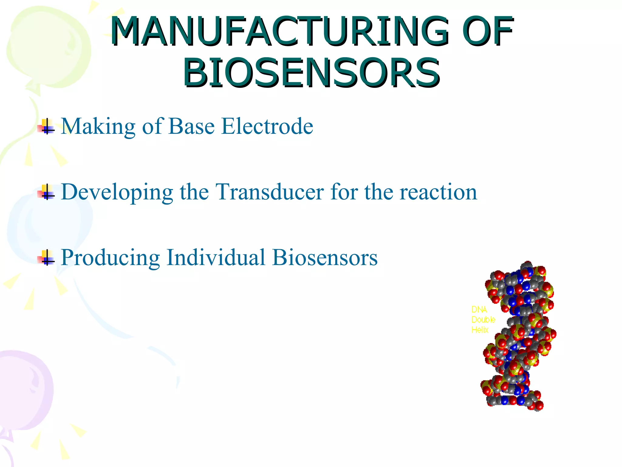 MANUFACTURING   OF BIOSENSORS Making of Base Electrode Developing the Transducer for the reaction Producing Individual Biosensors 