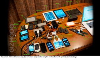 The contents of Steve Wozniak’s bag. Do we humans really need to carry this much stuff around? (photo by Gizmodo blog)
 