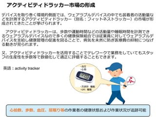 アクティビティドラッカー市場の形成
デバイスを取り巻く環境的側面では、ウェアラブルデバイスの中でも装着者の活動量な
どを計測するアクティビティドラッカー（別名：フィットネストラッカー）の市場が形
成されてきたことが挙げられます。
アクティビティドラッカーは、歩数や運動時間などの活動量や睡眠時間を計測でき
るウェアラブルデバイスなので多くの健康保険組合では従業員に対してウェアラブルデ
バイスを支給し健康管理の促進を図ることで、病気を未然に防ぎ医療費の抑制につなげ
る動きが見られます。
又、アクティビティドラッカーを活用することでテレワークで業務をしていてもスタッ
フの生産性を歩数等で数値化して適正に評価することもできます。
10
英語：activity tracker
心拍数、歩数、血圧、居眠り等の作業者の健康状態および作業状況が追跡可能
 