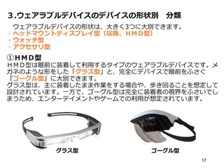 ３.ウェアラブルデバイスのデバイスの形状別 分類
ウェアラブルデバイスの形状は、大きく3つに大別できます。
・ヘッドマウントディスプレイ型（以降、ＨＭＤ型）
・ウォッチ型
・アクセサリ型
①ＨＭＤ型
ＨＭＤ型は眼前に装着して利用するタイプのウェアラブルデバイスです。メ
ガネのような形をした「グラス型」と、完全にデバイスで眼前をふさぐ
『ゴーグル型』に大別できます。
グラス型は、主に装着したまま作業をする場合や、歩き回ることを想定して
設計されています。一方で、ゴーグル型は完全に装着者の視界をふさいでし
まうため、エンターテイメントやゲームでの利用が想定されています。
17
グラス型 ゴーグル型
 