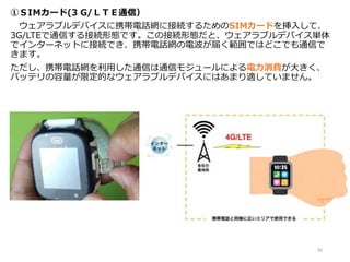 ①ＳIＭカード(3 G/ＬＴＥ通信）
ウェアラブルデバイスに携帯電話網に接続するためのSIMカードを挿入して、
3G/LTEで通信する接続形態です。この接続形態だと、ウェアラブルデバイス単体
でインターネットに接続でき、携帯電話網の電波が届く範囲ではどこでも通信で
きます。
ただし、携帯電話網を利用した通信は通信モジュールによる電力消費が大きく、
バッテリの容量が限定的なウェアラブルデバイスにはあまり適していません。
20
 