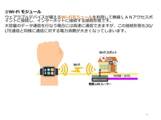 ②Ｗi-Fi モジュール
ウェアラブルデバイスが備えるWi-Fiモジュールを利用して無線ＬＡＮアクセスポ
イントに接続し、インターネットに接続する接続形態です。
大容量のデータ通信を行なう場合には高速に通信できますが、この接続形態も3G/
LTE通信と同様に通信に対する電力消費が大きくなってしまいます。
21
 