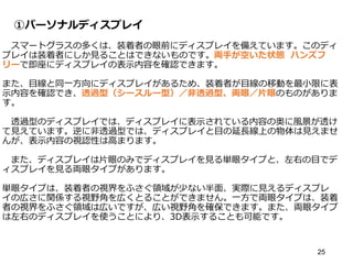 ①パーソナルディスプレイ
スマートグラスの多くは、装着者の眼前にディスプレイを備えています。このディ
プレイは装着者にしか見ることはできないものです。両手が空いた状態 ハンズフ
リーで即座にディスプレイの表示内容を確認できます。
また、目線と同一方向にディスプレイがあるため、装着者が目線の移動を最小限に表
示内容を確認でき、透過型（シースルー型）／非透過型、両眼／片眼のものがありま
す。
透過型のディスプレイでは、ディスプレイに表示されている内容の奥に風景が透け
て見えています。逆に非透過型では、ディスプレイと目の延長線上の物体は見えませ
んが、表示内容の視認性は高まります。
また、ディスプレイは片眼のみでディスプレイを見る単眼タイプと、左右の目でデ
ィスプレイを見る両眼タイプがあります。
単眼タイプは、装着者の視界をふさぐ領域が少ない半面、実際に見えるディスプレ
イの広さに関係する視野角を広くとることができません。一方で両眼タイプは、装着
者の視界をふさぐ領域は広いですが、広い視野角を確保できます。また、両眼タイプ
は左右のディスプレイを使うことにより、3D表示することも可能です。
25
 