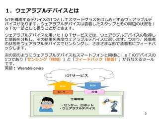 １．ウェアラブルデバイスとは
IoTを構成するデバイスの1つとしてスマートグラスをはじめとするウェアラブルデ
バイスがあります。ウェアラブルデバイスは装着したスタッフとその周辺の状況をｌ
ｏＴの一部として扱うことができます。
ウェアラブルデバイスを用いたｌＯＴサービスでは、ウェアラブルデバイスの取得し
た情報を分析し、その結果を再度ウェアラブルデバイスに返します。つまり、装着者
の状態をウェアラブルデバイスでセンシングし、さまざまな形で装着者にフィードバ
ックします。
次の図のようにウェアラブルデバイスもスマートフォンと同様にｌｏＴのデバイスの
1つであり「センシング（検知）」と「フィードバック（制御）」が行なえるツール
です。
英語： Wearable device
3
 