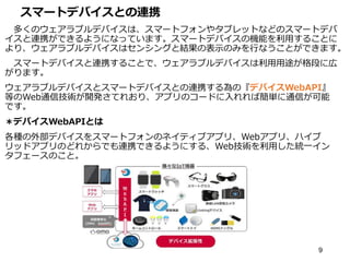 スマートデバイスとの連携
多くのウェアラブルデバイスは、スマートフォンやタブレットなどのスマートデバ
イスと連携ができるようになっています。スマートデバイスの機能を利用することに
より、ウェアラブルデバイスはセンシングと結果の表示のみを行なうことができます。
スマートデバイスと連携することで、ウェアラブルデバイスは利用用途が格段に広
がります。
ウェアラブルデバイスとスマートデバイスとの連携する為の『デバイスWebAPI』
等のWeb通信技術が開発さてれおり、アプリのコードに入れれば簡単に通信が可能
です。
＊デバイスWebAPIとは
各種の外部デバイスをスマートフォンのネイティブアプリ、Webアプリ、ハイブ
リッドアプリのどれからでも連携できるようにする、Web技術を利用した統一イン
タフェースのこと。
9
 